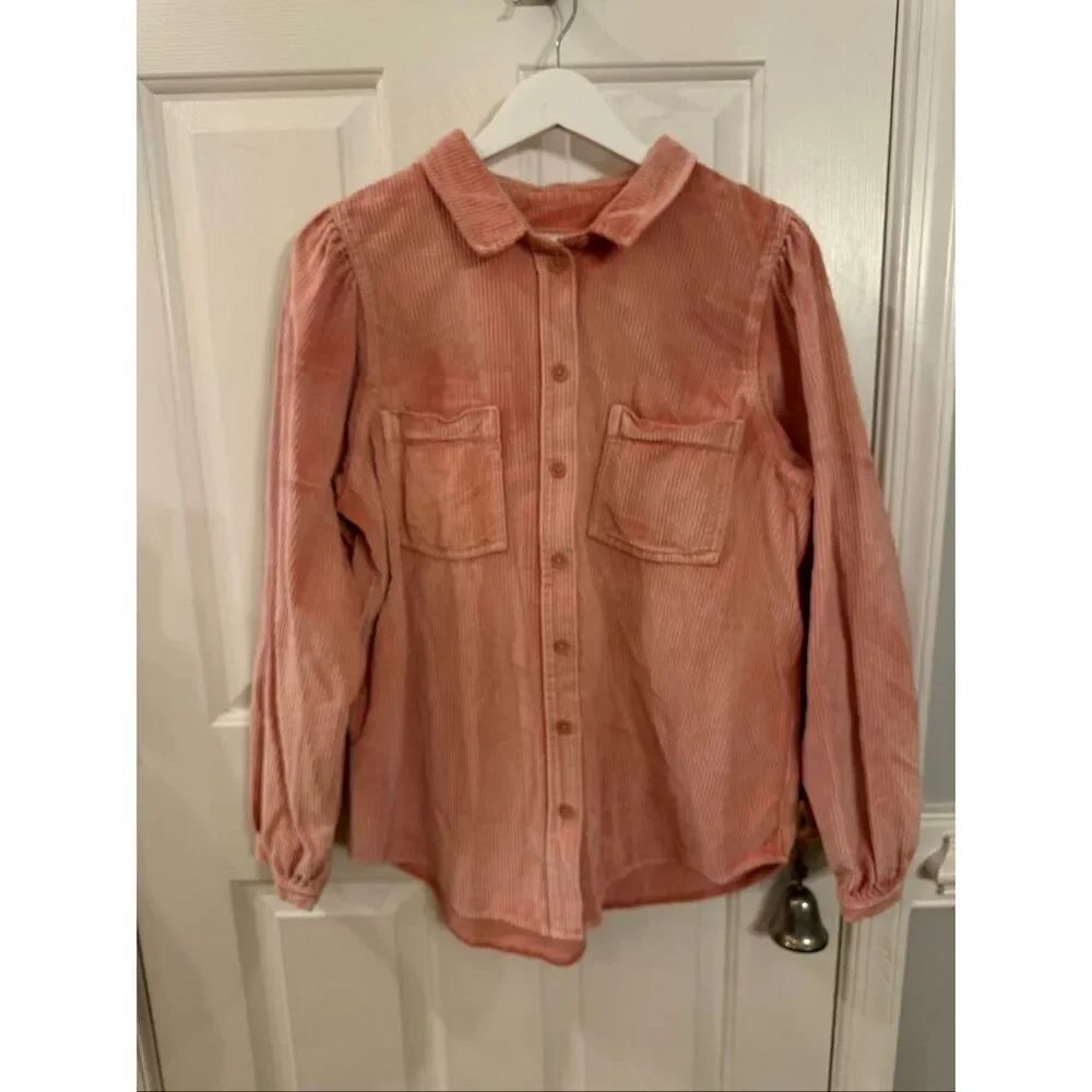 American Eagle Vintage Peachy Pink Corduroy Puff Sleeve Button Up Shirt sz L EUC